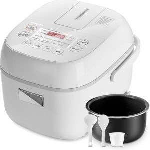 Toshiba Mini Rice Cooker 3 Cup Capacity Mini rice cooker that cooks uncooked rice with steaming and warming functions, fuzzy logic and one-touch cooking, 24-hour delay timer and auto-keep warm feature.