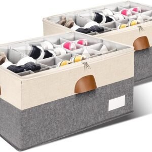 2 Pack Shoe Organizer for Closet, Adjustable Shoe Box Storage Containers, Large Foldable Shoe Bins with Clear Cover, Space Saving Shoes Holder with 4 Handles, Fits 24-48 Pairs, Beige
